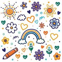 a colorful set of doodles with flowers, hearts and a rainbow vector