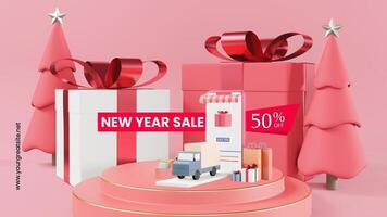 Pink 3D Illustration New Year Sale Facebook Cover Mobile template