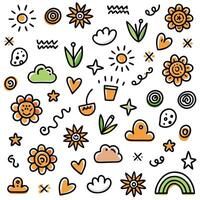 a colorful set of doodles with flowers, sun, clouds and other objects vector
