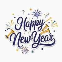 happy new year text with fireworks and confetti vector