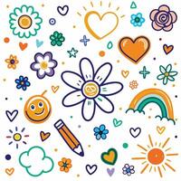 a colorful set of doodles with hearts, flowers and other objects vector