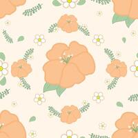 Orange flowers in pastel tones create a delightful and cheerful atmosphere feelings of joy and warmth, reminiscent of sunny days. Tiny White Bloom and Green Leaf Stem Seamless Pattern vector