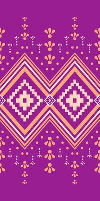 Vintage Traditional Homespun With Floral Ornament Orange Embroidery On Violet Background. Tribal Paisley Seamless Pattern. Geometric Diamond Round Dots Exquisitely Combine Illustration Fabric.