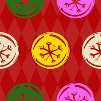 The Colorful of Snowballs Decoration Wallpaper on Grid Red Background. Hand draw Seamless Pattern for New Year Snow Winter. For Happy Christmas Celebration. Joyful, happiness, cute, adorable. vector