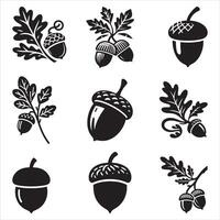 Acorns With Leaf Abstract, Acorn, Autumn, Botany, Icons Set Illustration On White Background vector
