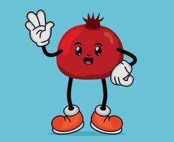 Pomegranate Fruit Mascot Waving Hand with Happy Expression in Flat Cute Cartoon Style or Pomegranate Fruit Cartoon Mascot with Arms and Legs vector