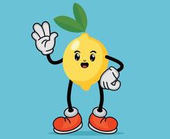 Lemon Fruit Cartoon Mascot Waving Hand with Happy Expression in Flat Cute Cartoon Style or Lemon Fruit Cartoon Mascot with Arms and Legs vector