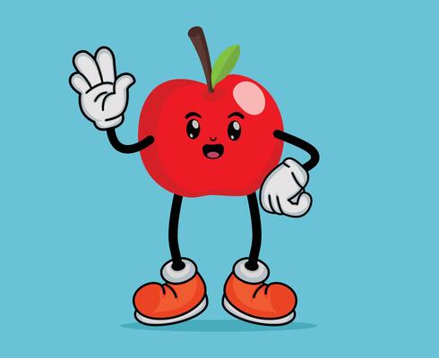 Apple Fruit Cartoon Mascot Waving Hand with Happy Expression in Flat Cute Cartoon Style or Apple Fruit Cartoon Mascot with Arms and Legs