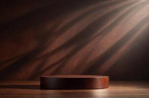 Luxury Product Display Podium with Shadow Leaves on Moody Mahogany Background photo