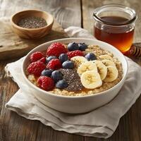 Oatmeal with banana, blueberries, raspberries and chia seeds on a wooden background photo