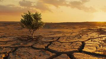 Plant growing on cracked ground with sunset sky background. Global warming and climate change concept photo