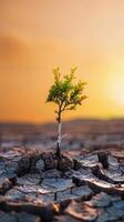 Plant growing on cracked ground with sunset sky background. Global warming and climate change concept photo