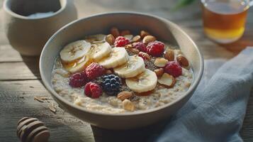 Oatmeal with banana, blueberries, raspberries and chia seeds on a wooden background photo