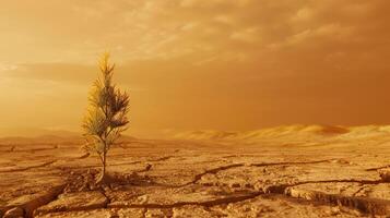 Plant growing on cracked ground with sunset sky background. Global warming and climate change concept photo