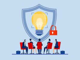 Protect Intellectual property, patent protection, copyright reserved or product trademark that cannot copy concept, team business agree copyright with light bulb idea locked with padlock for patents. vector