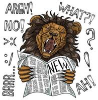 Design set with illustrations of cartoon angry lion surprised to read the news against textured background. Clip art of funny animals reading a newspaper. Hand drawn engraved comic artworks vector