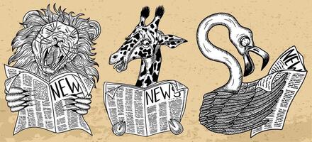 Design set with illustrations of cartoon funny lion, giraffe and flamingo surprised to read the news against textured background. Hand drawn clip arts of animals reading a newspaper. vector