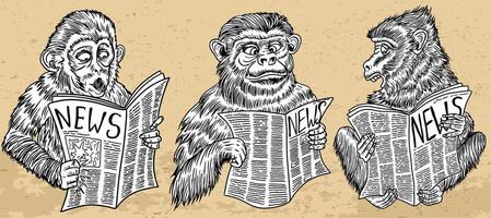 Design set with illustrations of cartoon funny monkeys surprised to read the news against textured background. Clip art of animals reading a newspaper. Hand drawn engraved comic artworks vector