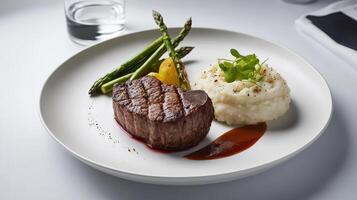 grilled beef steak with asparagus and mashed potatoes on a plate photo