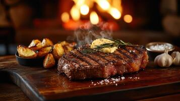 Grilled steak with baked potatoes and rosemary on a wooden board photo