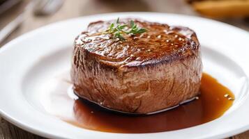 Beef steak with thyme on a white plate, close up photo