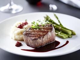 grilled beef steak with asparagus and mashed potatoes on a plate photo