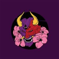 a purple background with a dragon head and a flower in the middle. vector