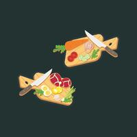Two wooden cutting boards with meat and vegetables on them vector