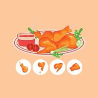 A plate with chicken, sauce and other ingredients vector