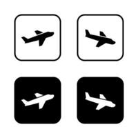 Departure and arrival airplane icon on black square. Plane take off and landing sign symbol vector