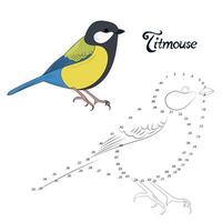 Educational game connect the dots to draw titmouse bird cartoon doodle hand drawn illustration vector