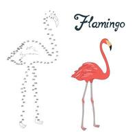 Educational game connect the dots to draw flamingo bird cartoon doodle hand drawn illustration vector