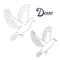 Educational game connect the dots to draw dove bird cartoon doodle hand drawn illustration vector
