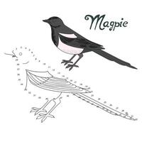 Educational game connect the dots to draw magpie bird cartoon doodle hand drawn illustration vector