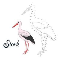 Educational game connect the dots to draw stork bird cartoon doodle hand drawn illustration vector
