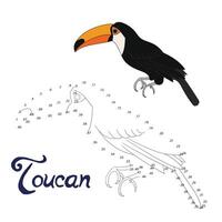 Educational game connect the dots to draw toucan bird cartoon doodle hand drawn illustration vector