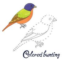 Educational game connect the dots to draw colored bunting bird cartoon doodle hand drawn illustration vector