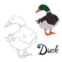 Educational game connect the dots to draw duck bird cartoon doodle hand drawn illustration vector