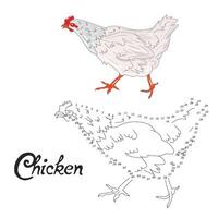 Educational game connect the dots to draw chicken bird cartoon doodle hand drawn illustration vector