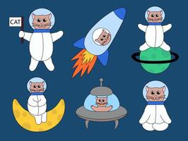 Set of Cute cats astronaut in space. Flat Illustration. vector