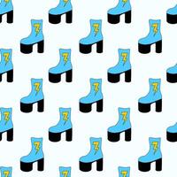 Seamless Pattern. Trendy 1980 retro blue disco boot with lightning design. Vintage shoe. flat illustration. vector