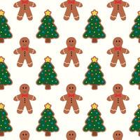 Seamless Pattern with Christmas Gingerbread Cookie Man Character and Tree. flat illustration. vector