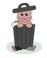 Problem with cat behavior. Kitten digs in the garbage. Cute flat illustration. vector