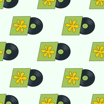Seamless Pattern. Vinyl record with flower design cover. LP or long play music disc. DJ equipment for disco party background. Discotheque nostalgia concept. flat illustration.