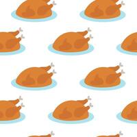 Seamless Pattern with Roasted chicken or turkey on plate. Food element. flat illustration. vector