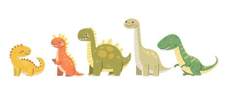 Cute dinosaur babies on white background. Green, yellow and orange dinosaur, isolated ancient reptiles. characters vector