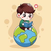 cute boy reading a book on earth globe vector