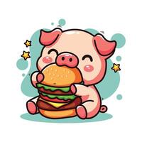 Cute pig with hamburger on white background. illustration. vector