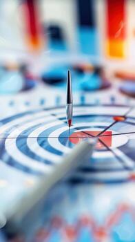 Close-up of a dart and a pen on a target photo