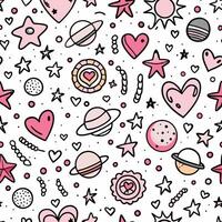 a pink and white seamless pattern with hearts, stars and planets vector